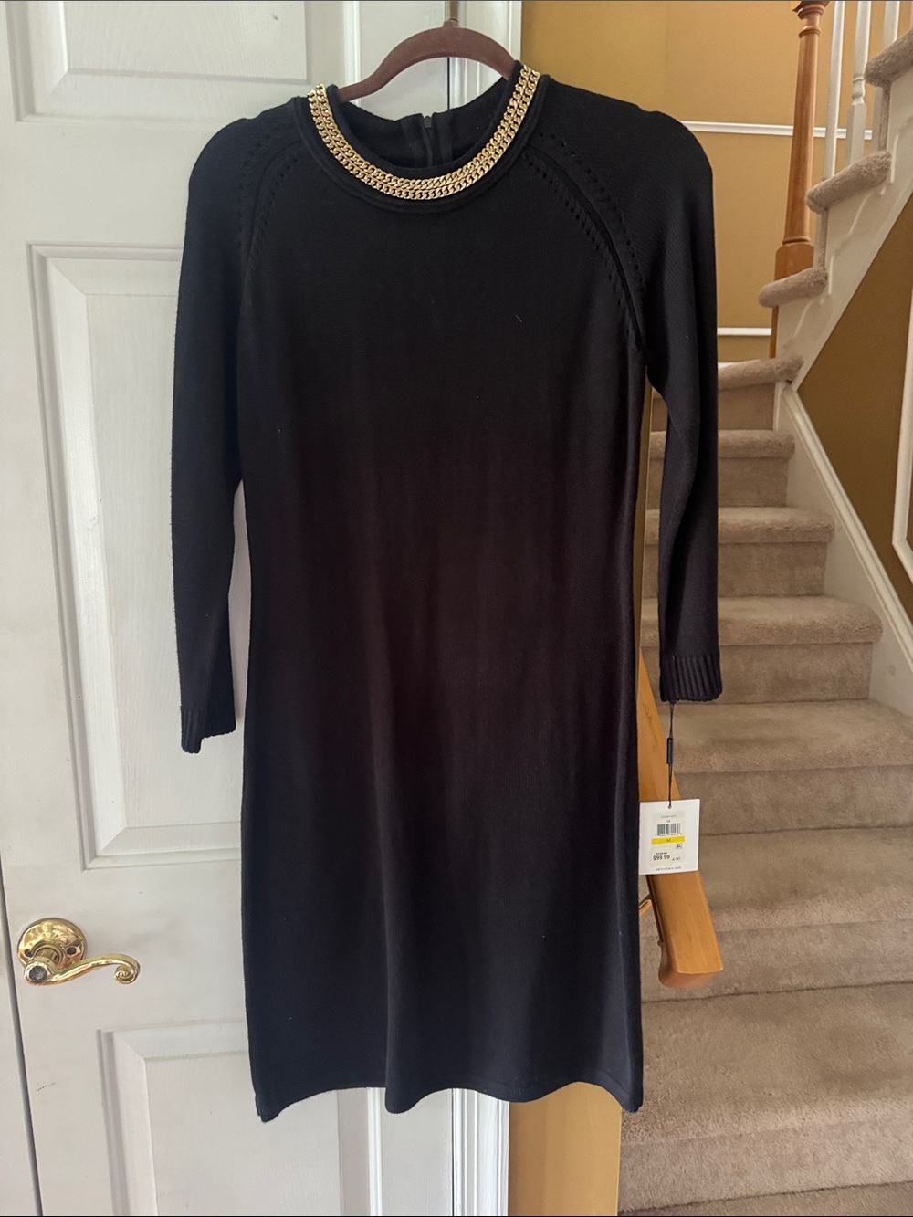 Calvin Klein Elegant Black Knit Dress with Gold Chain Neckline